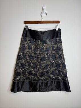 Nygard Black A-Line Skirt with Gold Fan Embroidery linen silk blend size 10